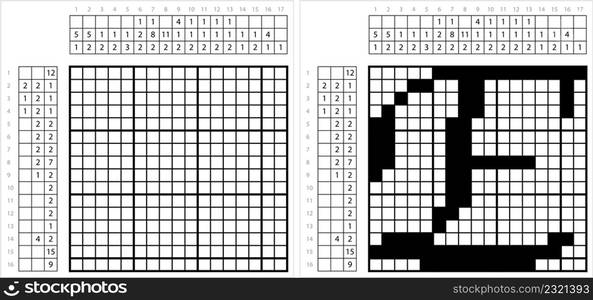 Alphabet E Nonogram Pixel Art, Character E, Language Letter Graphemes Symbol Vector Art Illustration, Logic Puzzle Game Griddlers, Pic-A-Pix, Picture Paint By Numbers, Picross