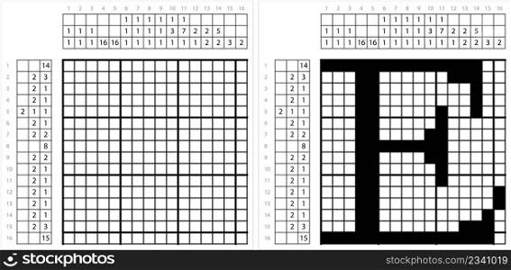 Alphabet E Nonogram Pixel Art, Character E, Language Letter Graphemes Symbol Vector Art Illustration, Logic Puzzle Game Griddlers, Pic-A-Pix, Picture Paint By Numbers, Picross