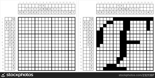 Alphabet F Nonogram Pixel Art, Character F, Language Letter Graphemes Symbol Vector Art Illustration, Logic Puzzle Game Griddlers, Pic-A-Pix, Picture Paint By Numbers, Picross