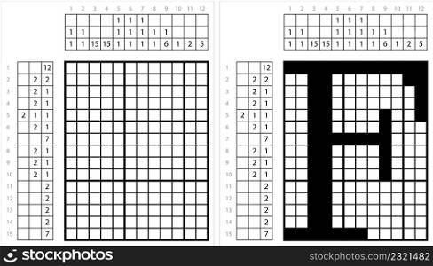 Alphabet F Nonogram Pixel Art, Character F, Language Letter Graphemes Symbol Vector Art Illustration, Logic Puzzle Game Griddlers, Pic-A-Pix, Picture Paint By Numbers, Picross