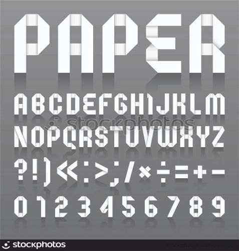 Alphabet folded of paper. Roman alphabet (A, B, C, D, E, F, G, H, I, J, K, L, M, N, O, P, Q, R, S, T, U, V, W, X, Y, Z) and Arabic numerals (0, 1, 2, 3, 4, 5, 6, 7, 8, 9).