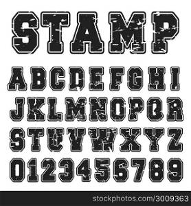 Alphabet font black stamp design. Alphabet font template. Vintage letters and numbers black stamp design. Vector illustration.