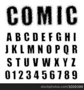 Alphabet font comic halftone design. Alphabet font template. Set of letters and numbers comic halftone design. Vector illustration.