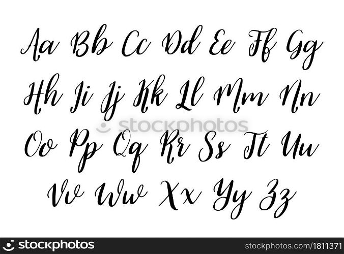 Alphabet font. Handwritten alphabet for text. Calligraphy script for typography. Hand drawn cursive font. Calligraphic letter of abc. Design of brush art for graphic and english typeface. Vector.. Alphabet font. Handwritten alphabet for text. Calligraphy script for typography. Hand drawn cursive font. Calligraphic letter of abc. Design of brush art for graphic and english typeface. Vector