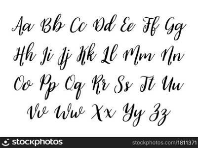 Alphabet font. Handwritten alphabet for text. Calligraphy script for typography. Hand drawn cursive font. Calligraphic letter of abc. Design of brush art for graphic and english typeface. Vector.. Alphabet font. Handwritten alphabet for text. Calligraphy script for typography. Hand drawn cursive font. Calligraphic letter of abc. Design of brush art for graphic and english typeface. Vector
