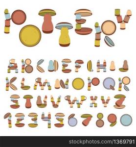 Alphabet, font, letters, numerals. Handmade clay pottery with colored enamel. Letters from the dishes. Simple vector illustration. Alphabet, font, letters, numerals. Handmade clay pottery with colored enamel. Letters from the dishes