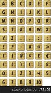Alphabet Font Set On Wood Signs. Illustration of a set of funny ABC alphabet letters and numbers with font characters on wood signs, for ui game on tablet pc, also containing orthographic symbols and punctuation marks