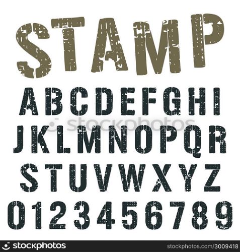 Alphabet font stamp army design. Alphabet font template. Vintage letters and numbers stamp army design. Vector illustration.
