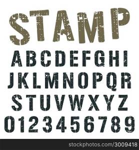 Alphabet font stamp army design. Alphabet font template. Vintage letters and numbers stamp army design. Vector illustration.