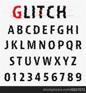 Alphabet font template. Alphabet font template. Set of letters and numbers glitch design. Vector illustration.