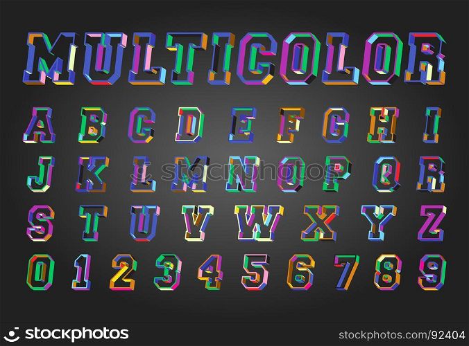 Alphabet font template. Alphabet font template. Set of letters and numbers multicolor design. Vector illustration.