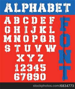 Alphabet font template. Letters and numbers ripped paper design. Vector illustration.. Alphabet font template