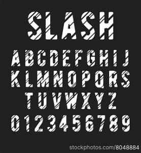 Alphabet font template. Letters and numbers slashed design. Vector illustration.. Alphabet font slash