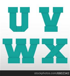 Alphabet font template, origami paper design. Set of letters U, V, W, X logo or icon. Vector illustration.
