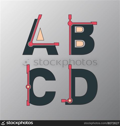 Alphabet font template. Set of letters A, B, C, D logo or icon. Vector illustration