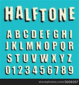 Alphabet font template. Set of letters and numbers dotted halftone design. Vector illustration.. Alphabet font dotted halftone design