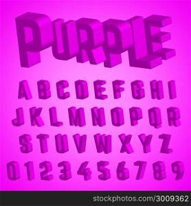 Alphabet font template. Set of letters and numbers purple design. Vector illustration.. Alphabet font purple design