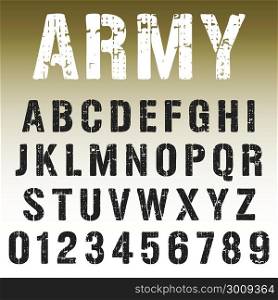 Alphabet font template. Vintage letters and numbers army stamp design. Vector illustration.. Alphabet font army stamp design