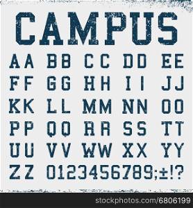 Alphabet font template. Vintage letters and numbers college campus design. Vector illustration.. College font alphabet
