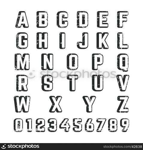 Alphabet font template. Vintage textured letters and numbers. Typography for retro design posters, labels, brochures. Vector illustration.