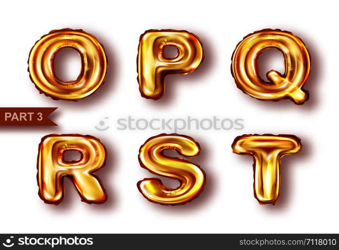 Alphabet golden balloons realistic vector. Inflatable golden letters of metal foil for childrens parties, shining font isolated on white background, part 3. Alphabet golden balloons realistic vector