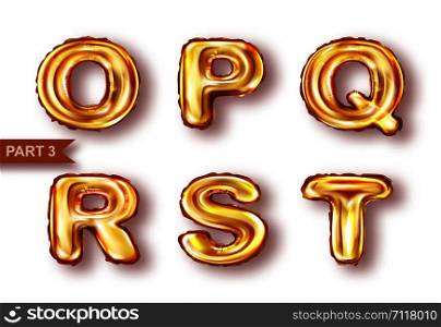Alphabet golden balloons realistic vector. Inflatable golden letters of metal foil for childrens parties, shining font isolated on white background, part 3. Alphabet golden balloons realistic vector