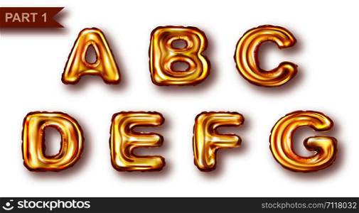 Alphabet golden balloons realistic vector. Inflatable golden letters of metal foil for childrens parties, shining font isolated on white background, part 1. Alphabet golden balloons realistic vector