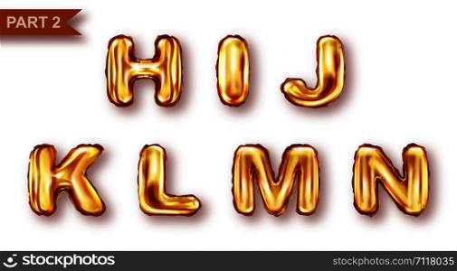 Alphabet golden balloons realistic vector. Inflatable golden letters of metal foil for childrens parties, shining font isolated on white background, part 2. Alphabet golden balloons realistic vector