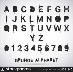 Alphabet grunge font set. Textured rough typeface with scratches. Letters and numbers. Vector illustration.. Alphabet grunge font
