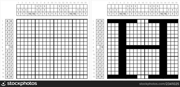Alphabet H Nonogram Pixel Art, Character H, Language Letter Graphemes Symbol Vector Art Illustration, Logic Puzzle Game Griddlers, Pic-A-Pix, Picture Paint By Numbers, Picross
