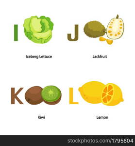 Alphabet I-L letter.iceberg lettuce,jack fruit,kiwi,lemon.vector