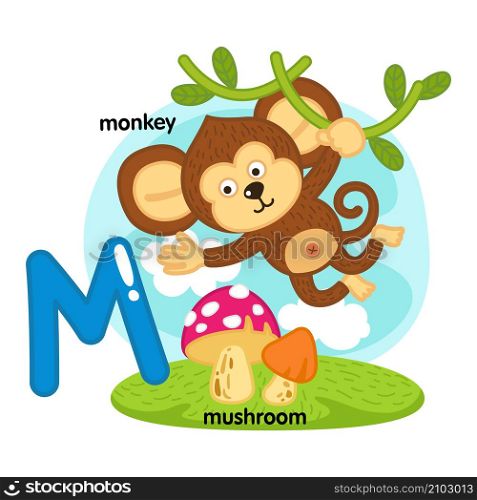 Alphabet Isolated Letter M-monkey-mushroom illustration,vector