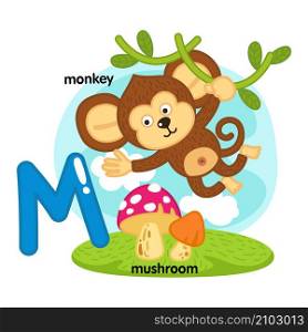 Alphabet Isolated Letter M-monkey-mushroom illustration,vector