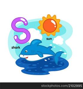 Alphabet Isolated Letter S-shark-sun illustration,vector