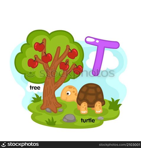 Alphabet Isolated Letter T-tree-turtle illustration,vector