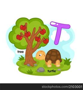 Alphabet Isolated Letter T-tree-turtle illustration,vector