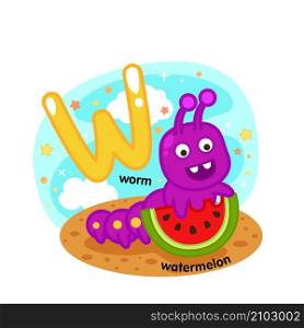 Alphabet Isolated Letter W-worm-watermelon illustration,vector