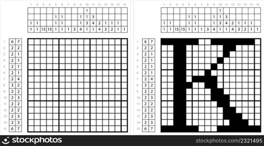 Alphabet K Nonogram Pixel Art, Character K, Language Letter Graphemes Symbol Vector Art Illustration, Logic Puzzle Game Griddlers, Pic-A-Pix, Picture Paint By Numbers, Picross