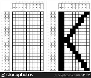 Alphabet K Nonogram Pixel Art, Character K, Language Letter Graphemes Symbol Vector Art Illustration, Logic Puzzle Game Griddlers, Pic-A-Pix, Picture Paint By Numbers, Picross