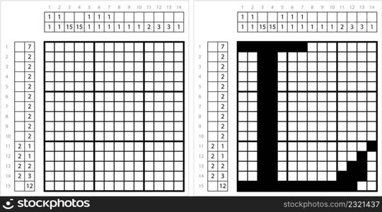 Alphabet L Nonogram Pixel Art, Character L, Language Letter Graphemes Symbol Vector Art Illustration, Logic Puzzle Game Griddlers, Pic-A-Pix, Picture Paint By Numbers, Picross