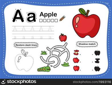Alphabet Letter A- apple exercise with cartoon vocabulary illustration, vector