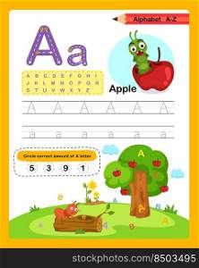 Alphabet Letter A - Apple  exercise with cartoon vocabulary illustration, vector
