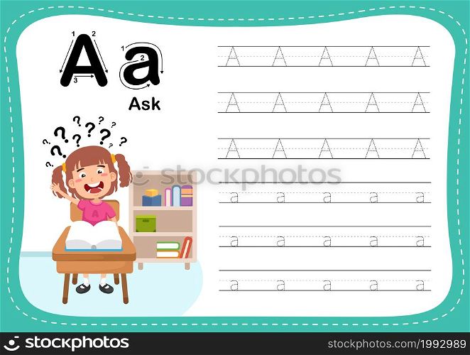 Alphabet Letter A - Ask exercise with cut girl vocabulary illustration, vector