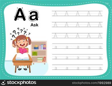 Alphabet Letter A - Ask exercise with cut girl vocabulary illustration, vector