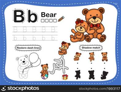 Alphabet Letter B-bear exercise with cartoon vocabulary illustration, vector