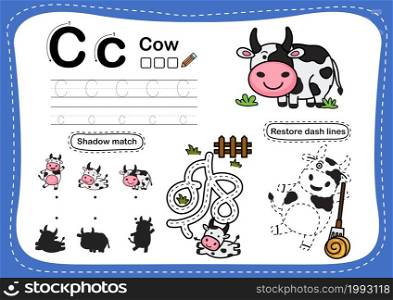 Alphabet Letter C-cow exercise with cartoon vocabulary illustration, vector