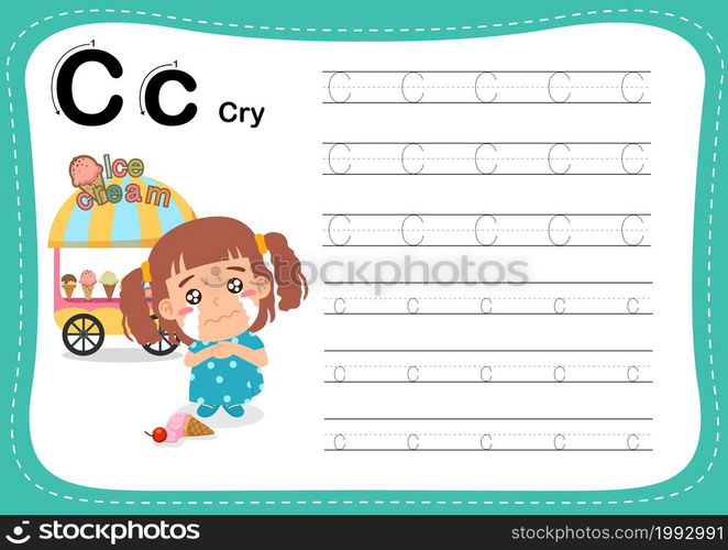 Alphabet Letter C - Cry exercise with cut girl vocabulary illustration, vector