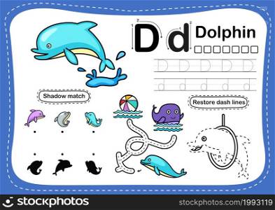 Alphabet Letter D-dolphin exercise with cartoon vocabulary illustration, vector