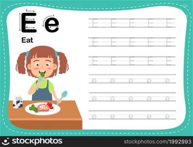 Alphabet Letter E - Eat exercise with cut girl vocabulary illustration, vector