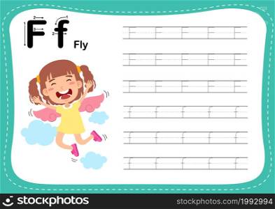 Alphabet Letter F - Fly exercise with cut girl vocabulary illustration, vector
